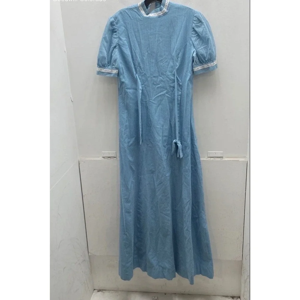 Vintage‎ Cottagecore Blue Polka Dot Maxi Dress Lace Trim Puff Sleeve Prairie s/m